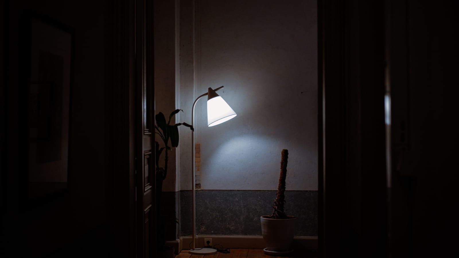 A single lamp lighting a dark living room during a power outage.